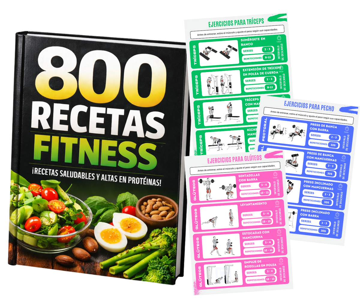 800 Recetas Fitness altas en proteínas + Planillas de entrenamientos listas + 5 Bonos 🎁