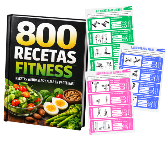 800 Recetas Fitness altas en proteínas + Planillas de entrenamientos listas + 5 Bonos 🎁